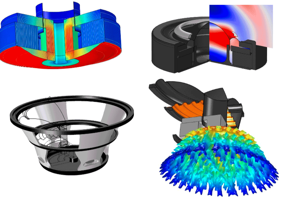 A collage of four loudspeaker simulations modeled by Acculution ApS.