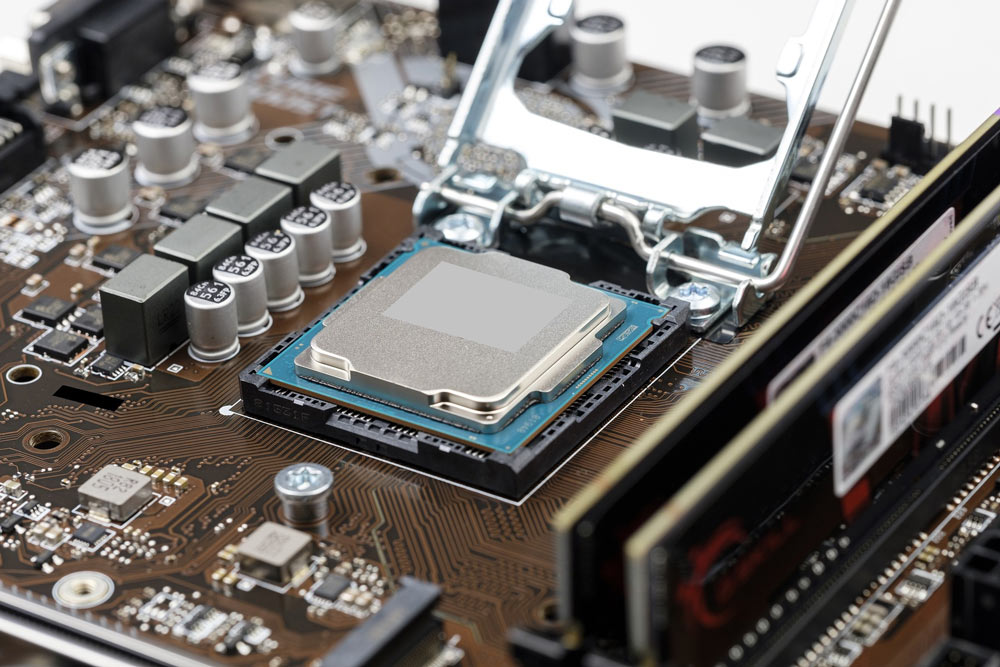 A photo a mounted processor chip on a motherboard.