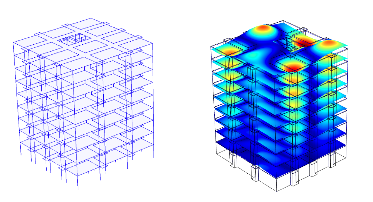 Analyzing a building's structural dynamic response with modeling software.