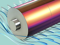 A close-up of a cylindrical battery model showing the temperature throughout the bottom half of the battery in pink and purple and the flow beneath the battery in blue streamlines.
