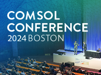 A poster that says COMSOL Conference 2024 BOSTON with an auditorium behind it.