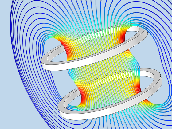 亥姆霍兹线圈模型的局部放大图，其中显示磁场。