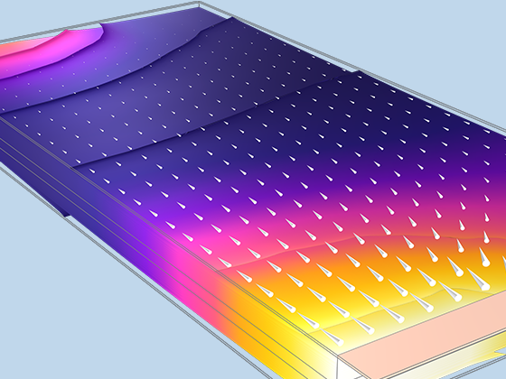 矩形软包锂离子电池模型，其中以 HeatCamera 颜色表显示电流分布。