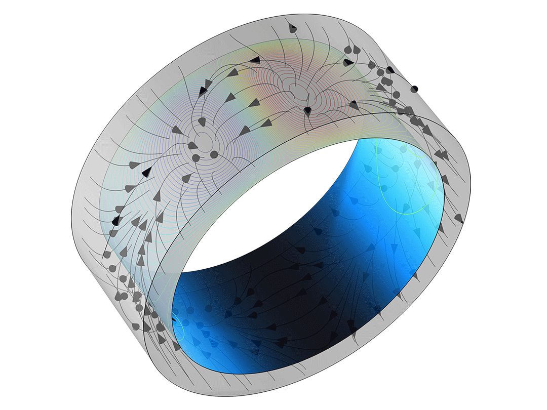自润滑轴承模型，其中显示压力等值线，并以 Jupiter Aurora Borealis 颜色表显示膜厚，同时显示达西速度的流线。