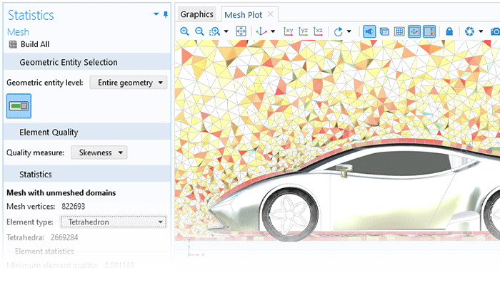 “网格统计信息”窗口的特写视图，“图形”窗口中显示跑车模型。