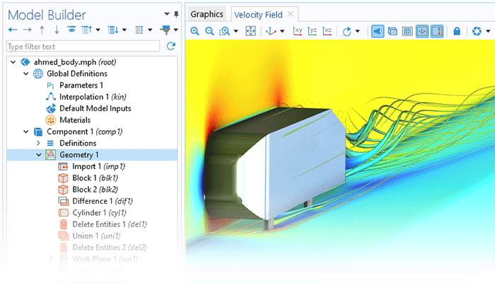“模型开发器”的特写视图，其中突出显示“几何”节点，“图形”窗口中显示 Ahmed 类车体模型。