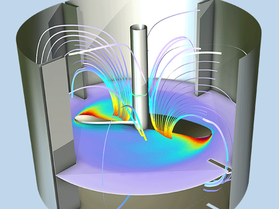 搅拌器模型的局部放大图，其中显示流体速度和流动情况。