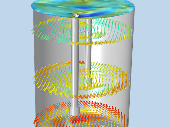 档板式搅拌器模型的局部放大图，其中显示湍流。