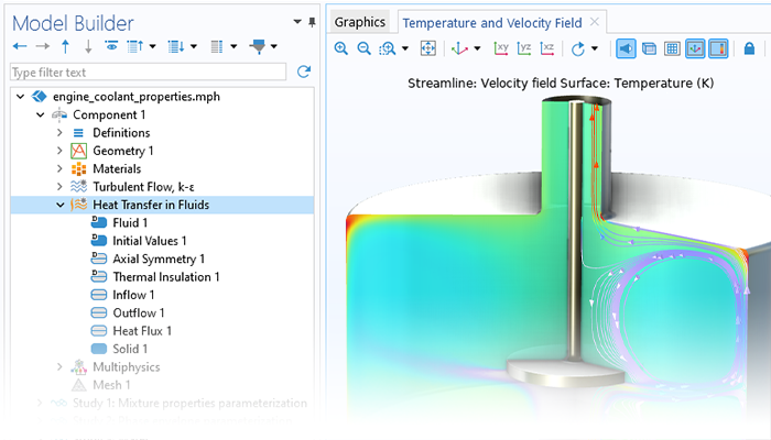 A close-up view of the Model Builder with the Heat Transfer in Fluids node highlighted and an engine coolant model in the Graphics window.