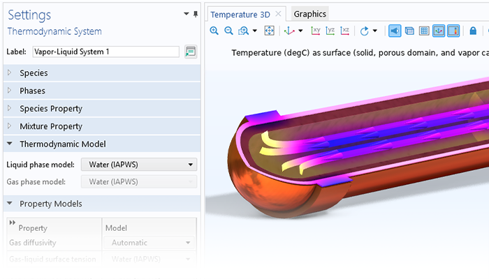 A close-up view of the Thermodynamic System settings and a heat pipe model in the Graphics window.