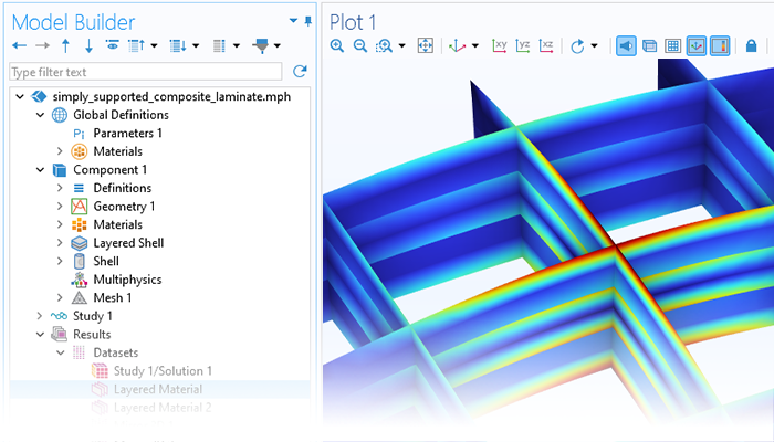 “模型开发器”特写视图，其中突出显示“多层材料”节点；“图形”窗口中显示复合材料层合板。