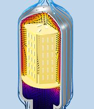 Led 灯泡模型的特写视图，其中用 HeatCamera 颜色表显示温度，并用黑色箭头表示流动方向。