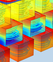板式反应器模型的特写视图，其中以 Rainbow 颜色表显示板的浓度和线圈的速度场。