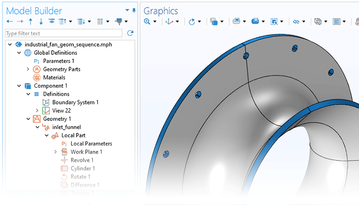 “模型开发器”的特写视图，其中突出显示“加厚”节点；“图形”窗口中显示工业风扇模型。