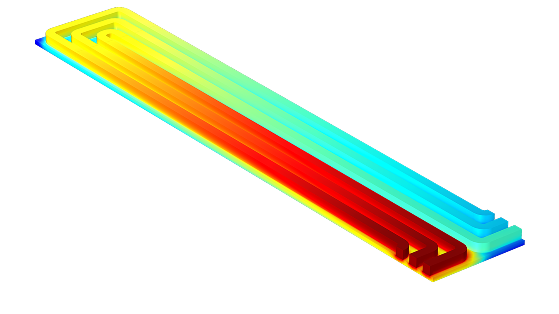 具有蛇形通道的质子交换膜燃料电池模型，其中用彩虹色显示氧摩尔分数。