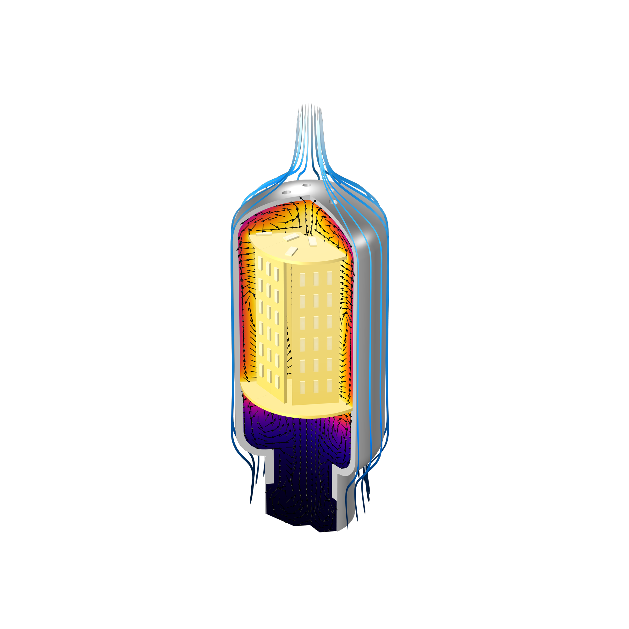 LED 灯泡的模型图像，显示了灯泡周围的流体流动以及灯泡内部的温度和流体流动。