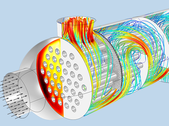 管壳式换热器的局部放大图，其中显示流体流线和壳边界上的传热。