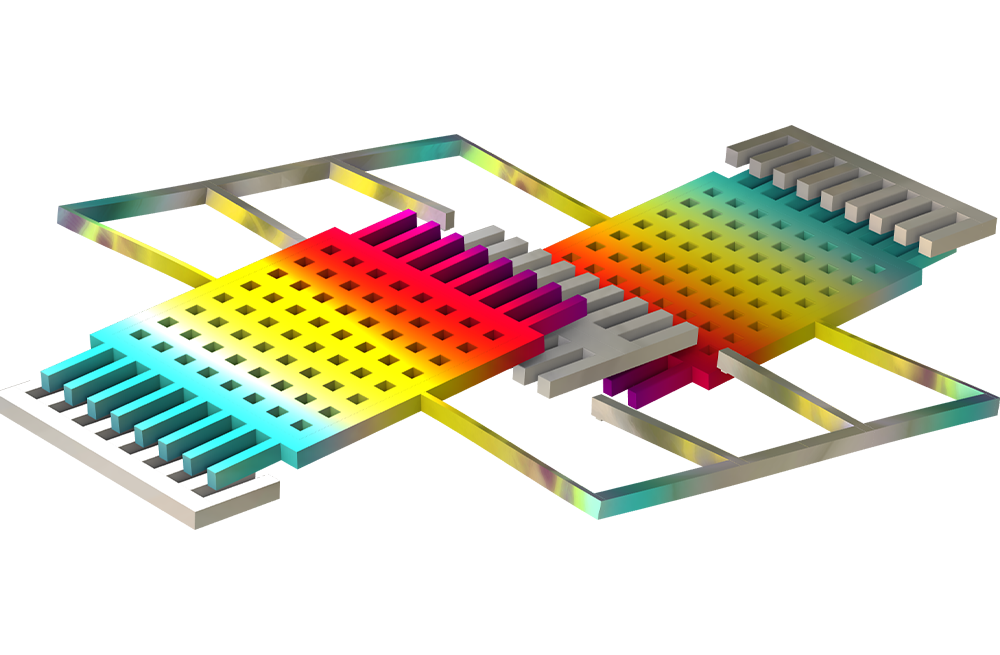 梳驱动音叉陀螺仪模型，其中用 Prism 颜色表显示位移大小。