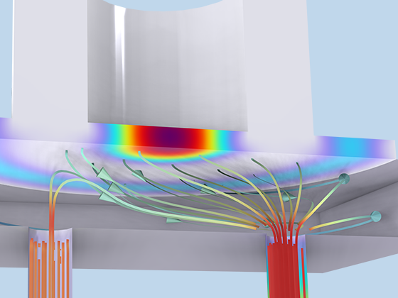 压电微泵模型的特写视图，其中显示应力和流场。