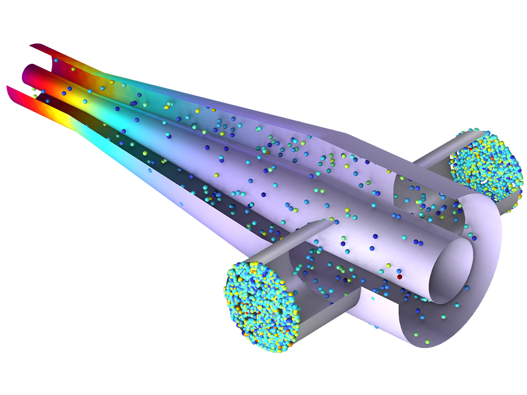 RF 耦合器模型，其中以 Prism 颜色表显示粒子轨迹。