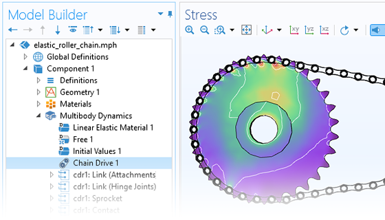 “模型开发器”（其中突出显示“链传动”节点）和“图形”窗口（显示弹性滚子链模型）的特写视图。