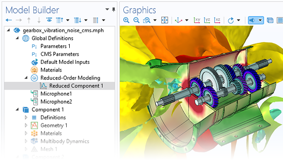 “模型开发器”（其中突出显示“降阶部件”节点）和“图形”窗口（显示变速箱模型）的特写视图。
