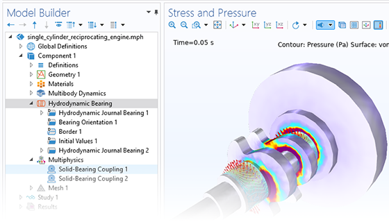 “模型开发器”（其中突出显示“液体动压轴承”节点）和“图形”窗口（显示发动机模型）的特写视图。
