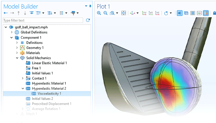 “模型开发器”的特写视图，其中突出显示“黏塑性”节点；“图形”窗口中显示高尔夫球模型。
