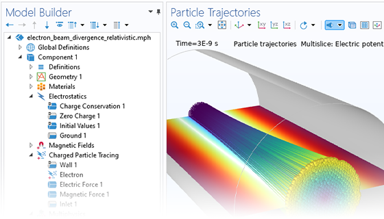 “模型开发器”的特写视图，其中突出显示“电-粒子场相互作用”节点；“图形”窗口中显示电子束模型。