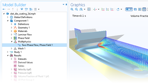 “模型开发器”特写视图，其中突出显示“两相流，相场”节点，并且“图形”窗口中显示 0.1 秒时的狭缝式涂布模型。