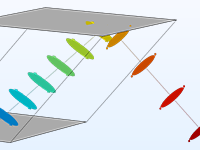A closeup view of a Fresnel rhomb model showing the ray propagation.