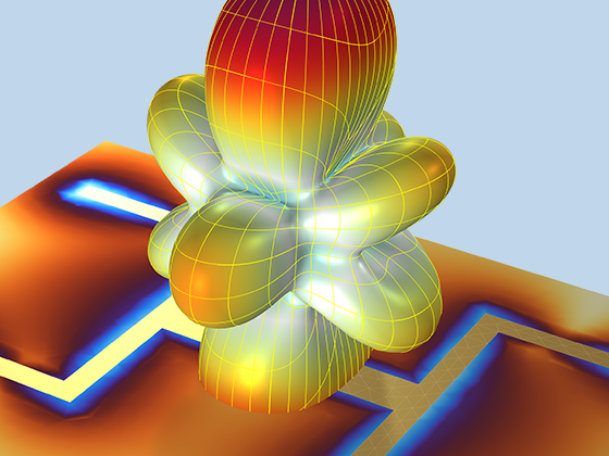 双频带天线模型的特写视图，其中显示电场和辐射方向图。