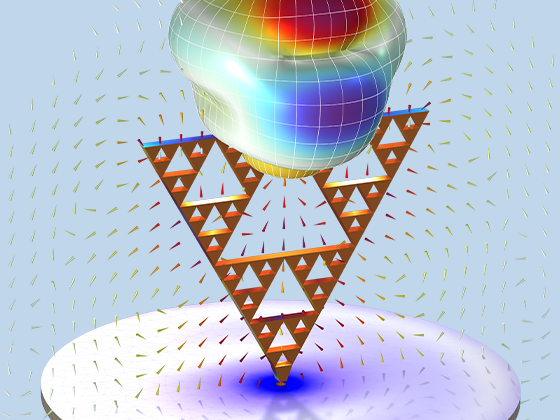 Sierpinski 分形单极天线模型的特写视图，其中显示电场和辐射方向图。