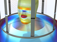 MRI 笼式线圈模型的特写视图，其中显示磁场。