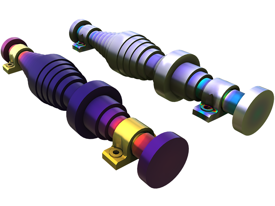 两个转子模型，其中以 Heat Camera 颜色表显示温度，并以 Prism 颜色表显示应力。