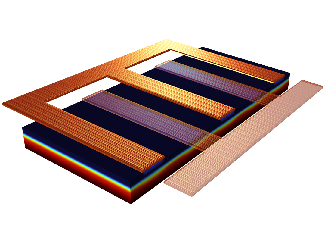 双极晶体管器件三维模型，其中以 Rainbow Dark 颜色表显示热结果。