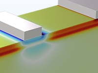InSb p 沟道场效应晶体管模型的特写视图，其中显示空穴浓度分布。