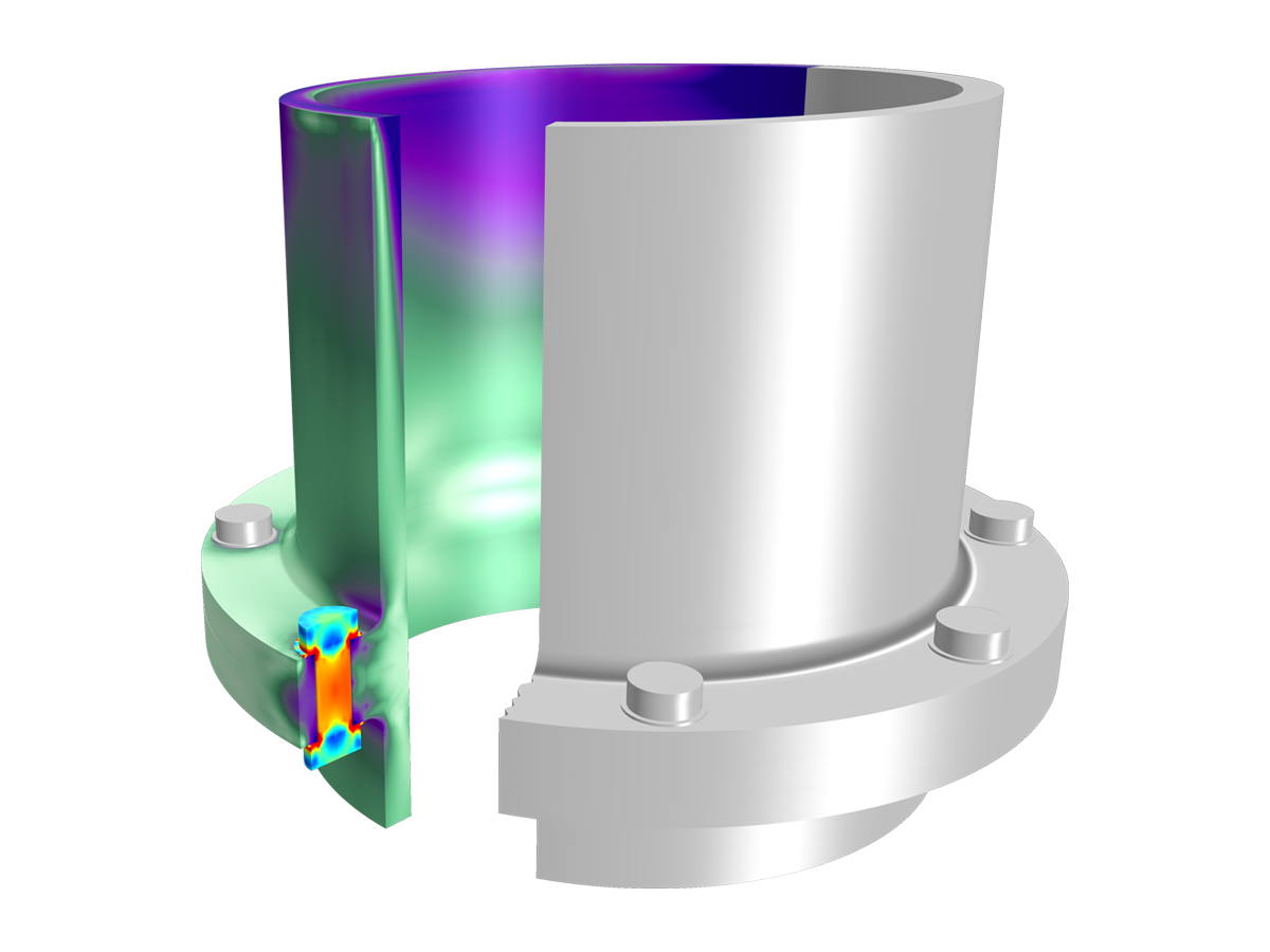 管路连接模型，其中用 Rainbow 颜色表显示螺栓的应力。