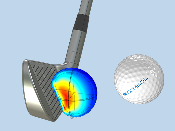 高尔夫球的变形和应变分布的特写视图。