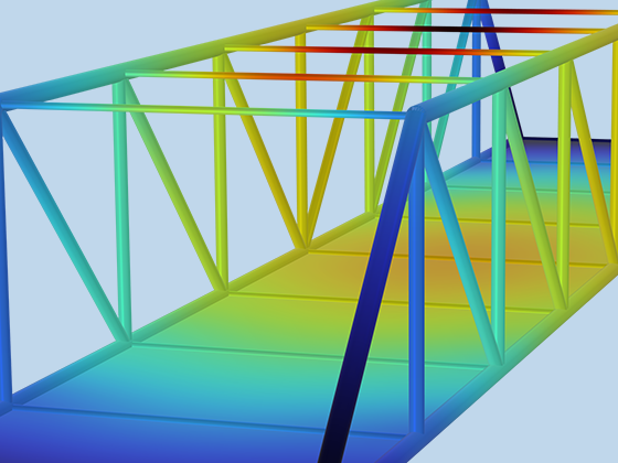 桁架桥模型的位移大小的特写视图。