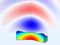 压电声换能器模型的特写视图，其中显示声压。