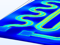 加热电路模型的特写视图，其中显示应力和变形。