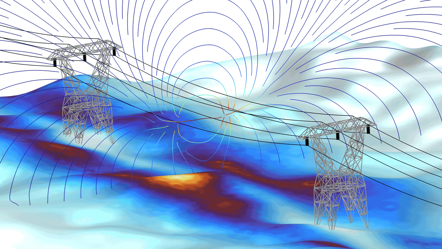 电力线模型，其中以 Thermal Wave 颜色表显示电场。