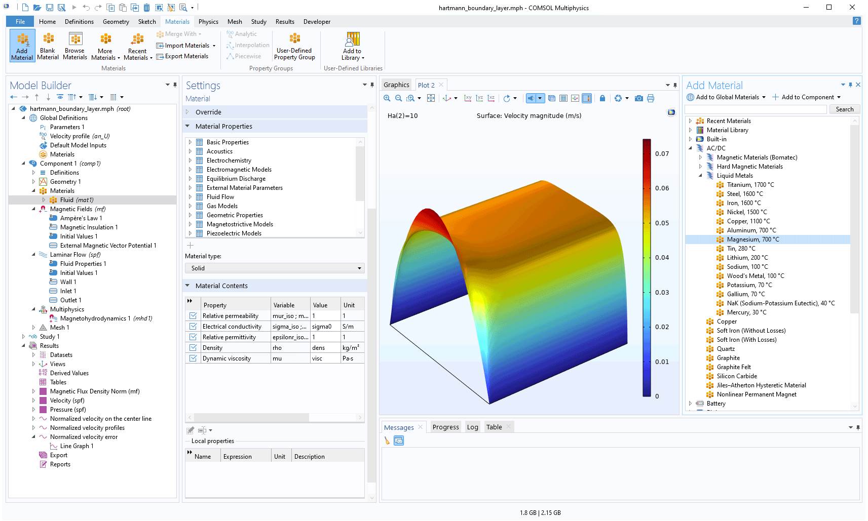 COMSOL Multiphysics 用户界面，显示了“模型开发器”，其中突出显示“材料”节点，并显示其对应的“设置”窗口；“图形”窗口中显示哈特曼模型的速度分布。