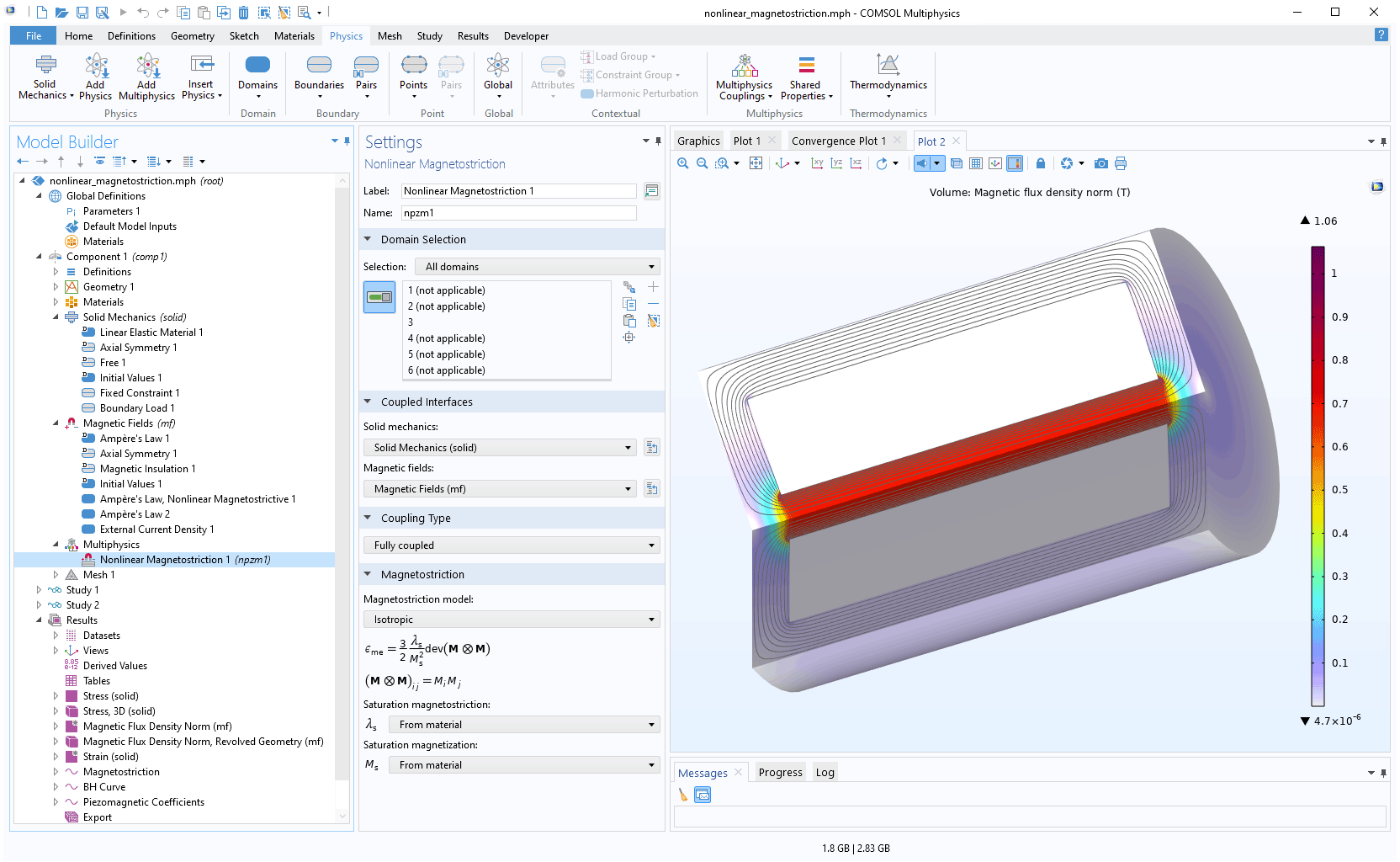 COMSOL Multiphysics 用户界面，显示了“模型开发器”，其中突出显示“非线性磁致伸缩”节点，并显示其对应的“设置”窗口；“图形”窗口中显示换能器模型。