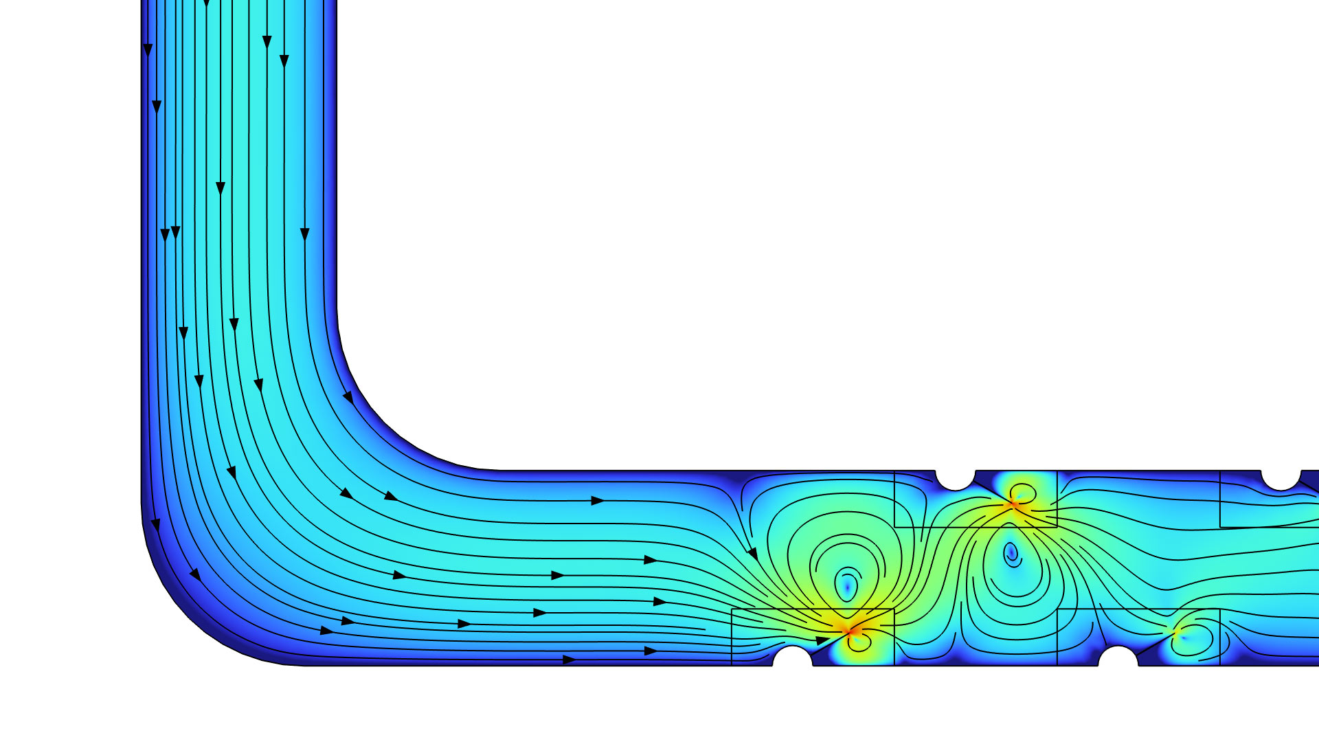 微流体泵的二维模型，其中用黑色流线显示速度大小。