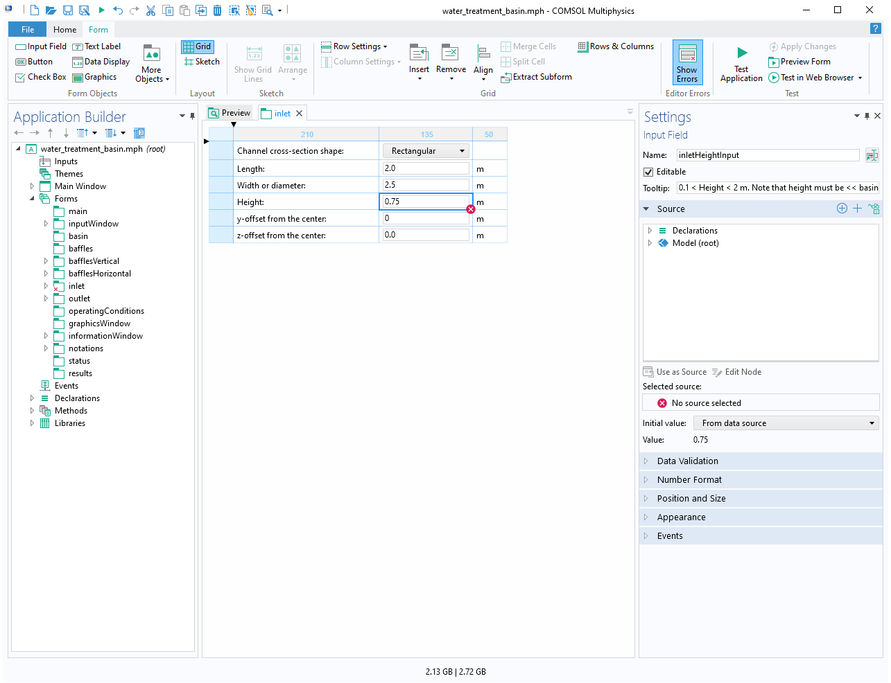 “App 开发器”用户界面，其中显示树状结构，具有输入框的“表单编辑器”窗口，以及“设置”窗口。
