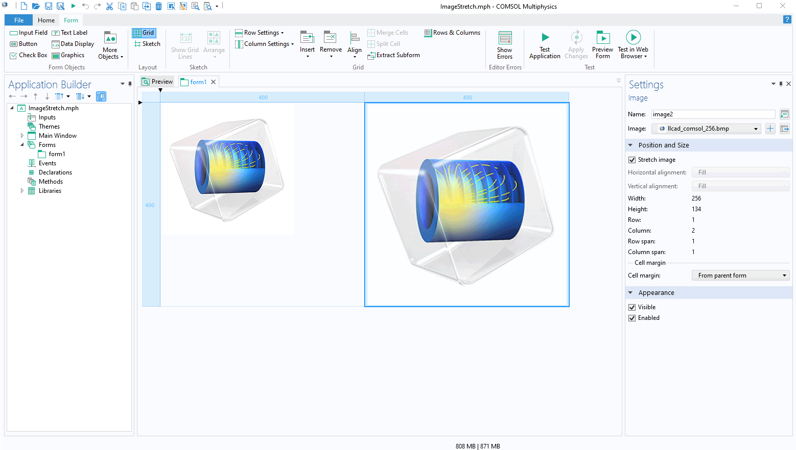 “App 开发器”用户界面，其中显示树状结构，具有两个图像的“表单编辑器”窗口，以及“设置”窗口。
