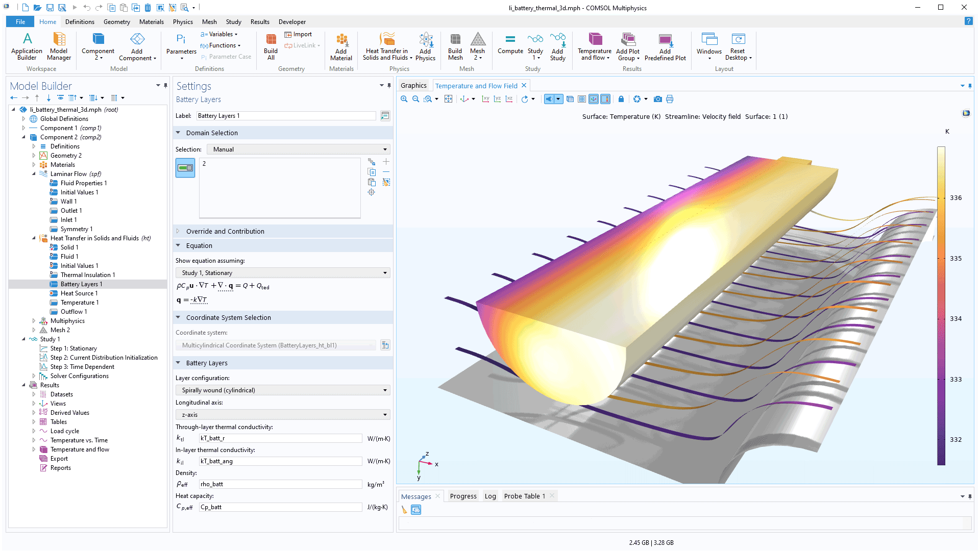 COMSOL Multiphysics 用户界面，显示了“模型开发器”，其中突出显示“电池层”节点，并显示其对应的“设置”窗口；“图形”窗口中显示锂电池模型。