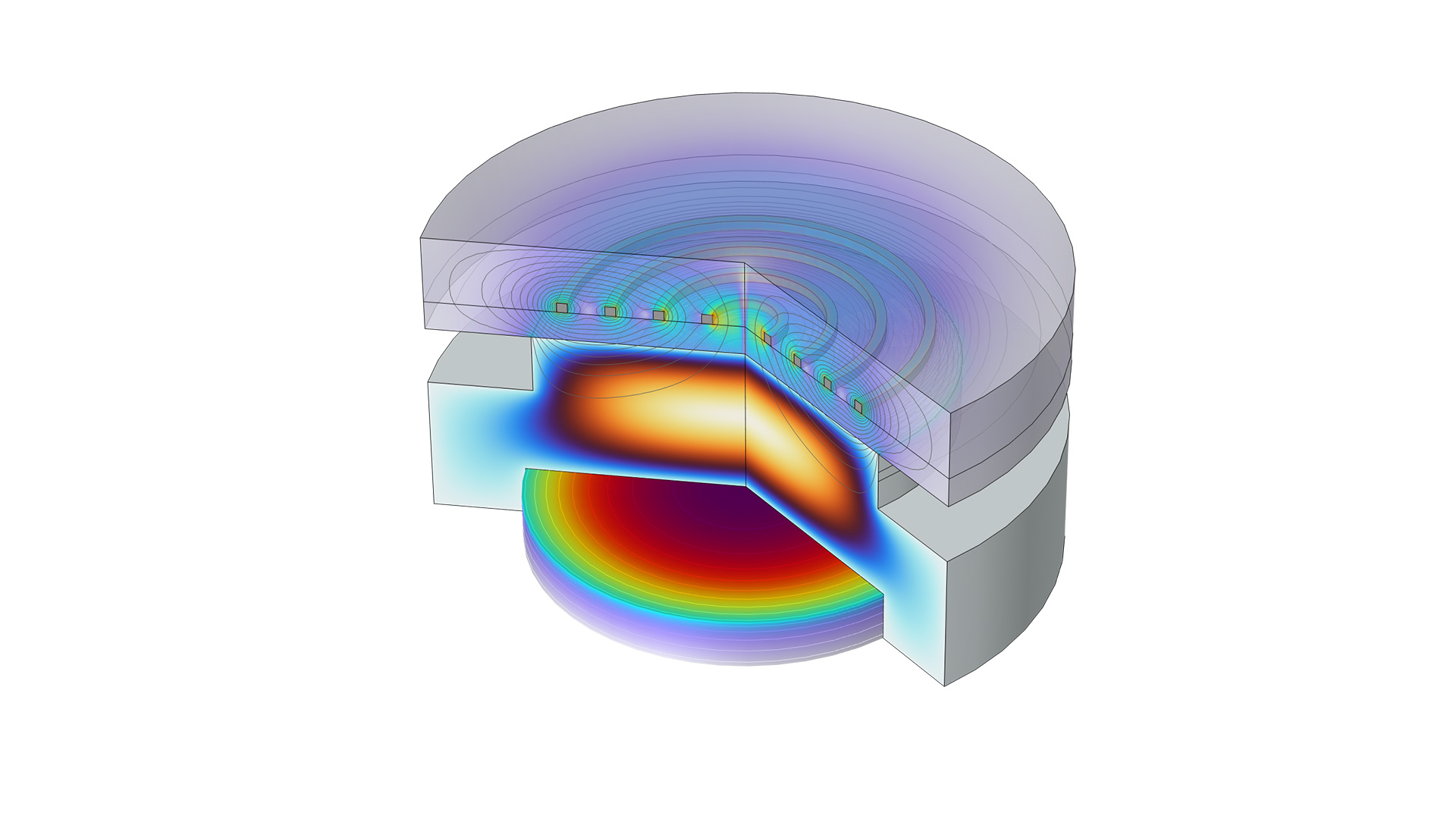 以 Thermal Wave 和 Prism 颜色表显示的反应器模型，其中显示流体流动和气体加热结果。